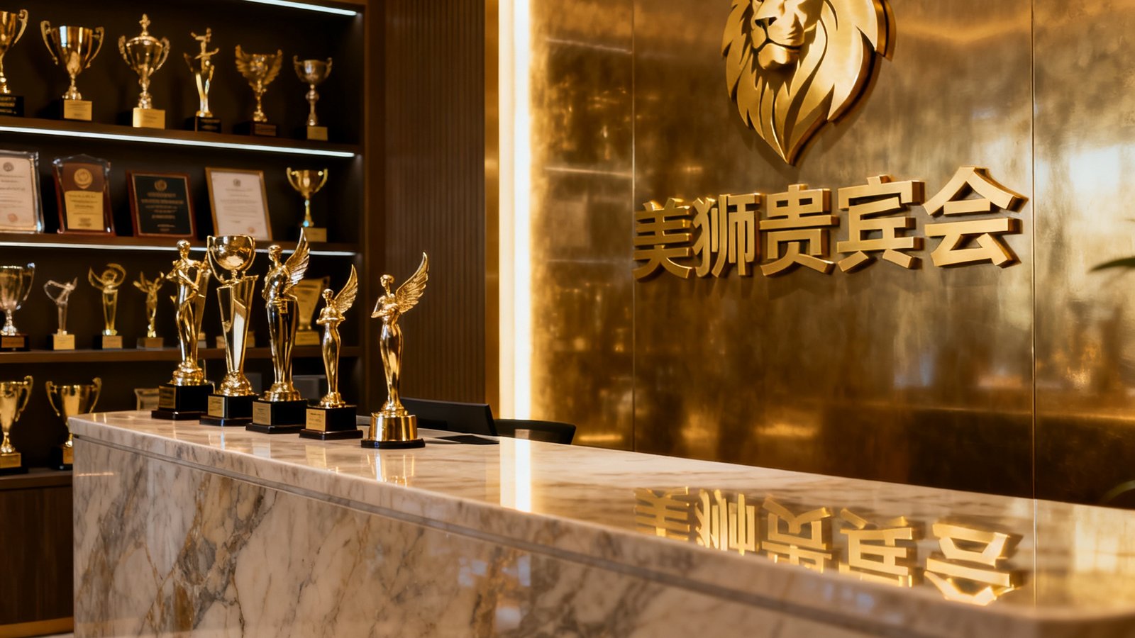 美狮贵宾会上海总部办公室前台区域照片，大理石接待台后方镶嵌着品牌金色LOGO标识墙，暖色灯光映照出沉稳大气的企业形象，侧面陈列着历年获得的行业奖项奖杯