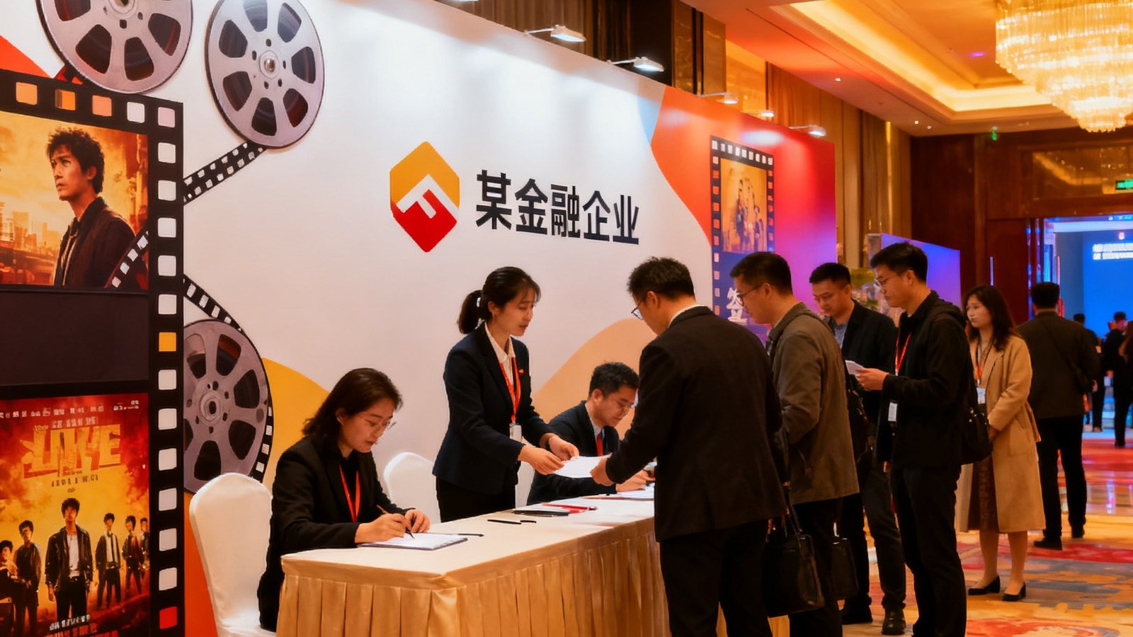 某金融企业包场活动的签到区布置照片，品牌LOGO墙与电影主题元素融合设计，工作人员引导嘉宾有序签到入场