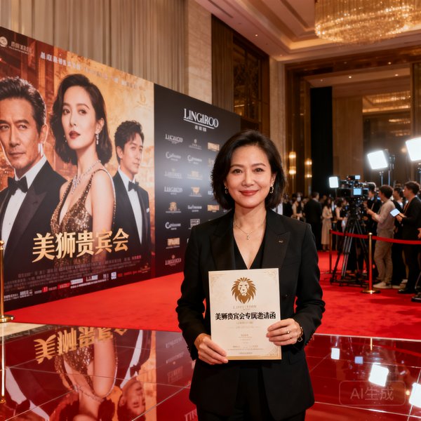 某品牌市场总监女士在首映礼红毯入口处与电影海报合影，手持美狮贵宾会专属邀请函，身后是精心布置的品牌展示背景板与媒体采访区